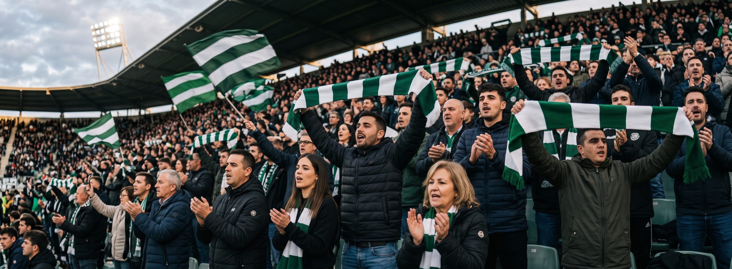 Aficionados en la grada animando a un equipo con colores verde oscuro y blanco.